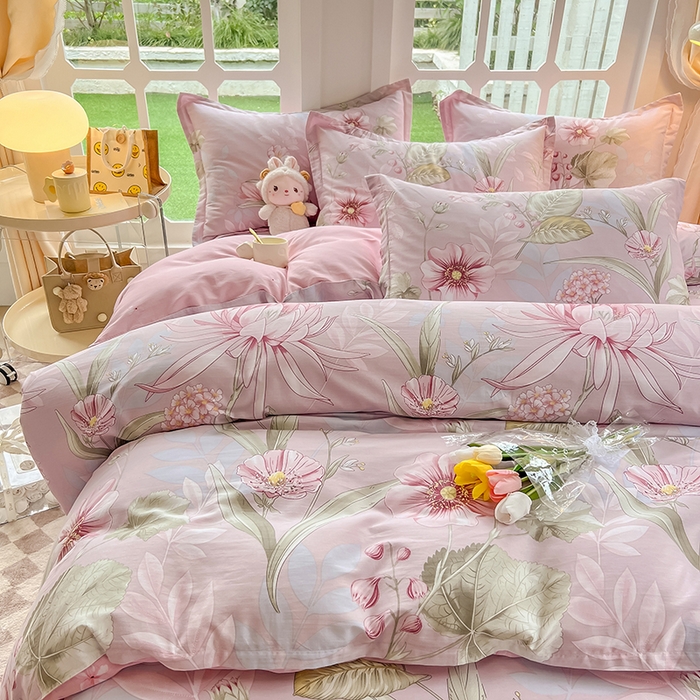 91家纺网 家纺一手货源 找家纺 绵庭家纺 2023新款12868系列全棉小清新印花四件套 玉芙蓉 豆沙