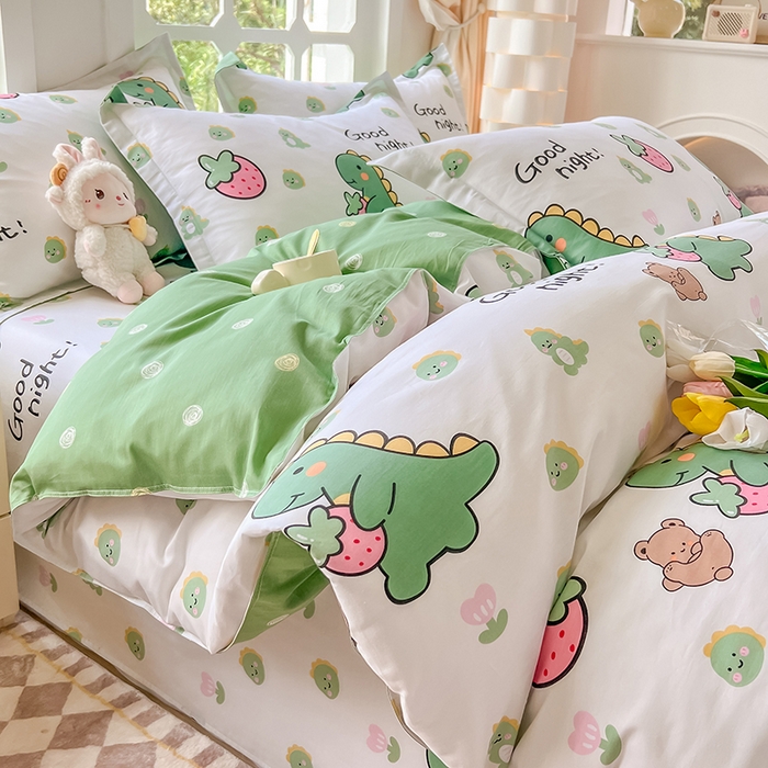 91家纺网 家纺一手货源 找家纺 绵庭家纺 2023新款12868系列全棉小清新印花四件套 恐龙贝贝