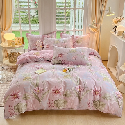 91家纺网 家纺一手货源 找家纺 绵庭家纺 2023新款12868系列全棉小清新印花四件套 玉芙蓉 豆沙