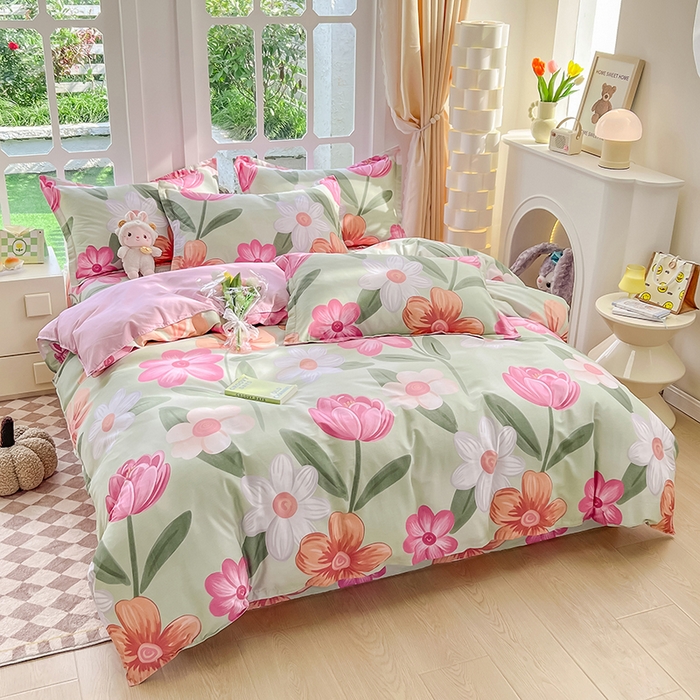 91家纺网 家纺一手货源 找家纺 绵庭家纺 2023新款12868系列全棉小清新印花四件套 荷花映红