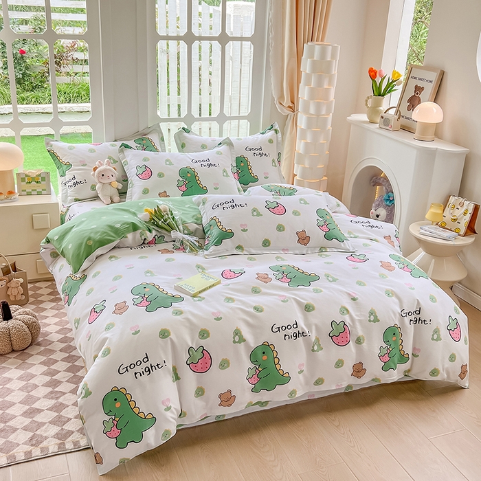 91家纺网 家纺一手货源 找家纺 绵庭家纺 2023新款12868系列全棉小清新印花四件套 恐龙贝贝