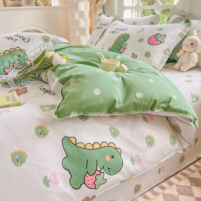 91家纺网 家纺一手货源 找家纺 绵庭家纺 2023新款12868系列全棉小清新印花四件套 恐龙贝贝