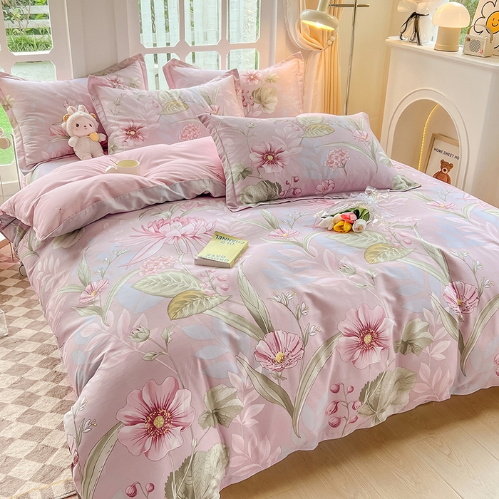 91家纺网 家纺一手货源 找家纺 绵庭家纺 2023新款12868系列全棉小清新印花四件套 玉芙蓉 豆沙