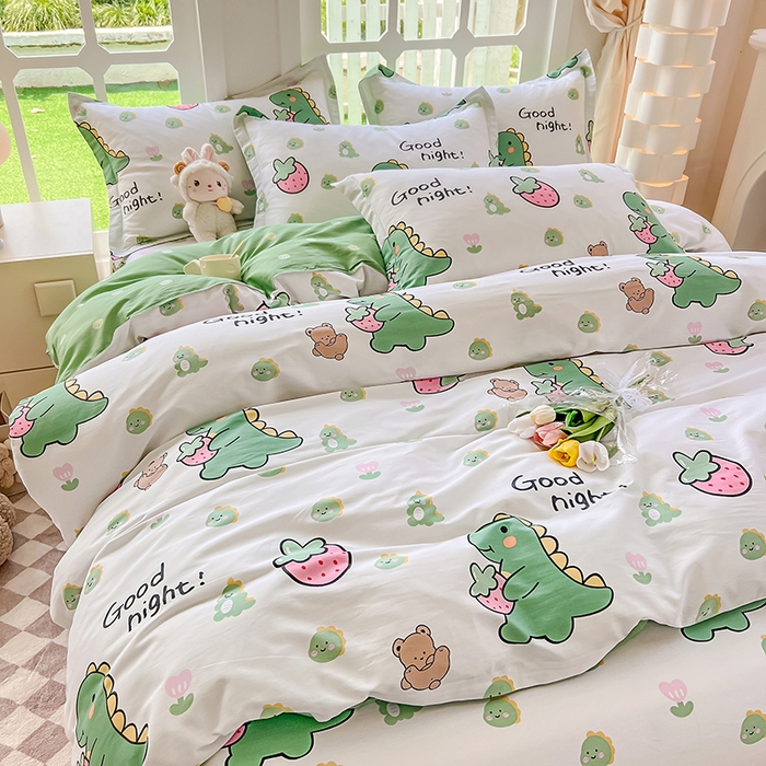 91家纺网 家纺一手货源 找家纺 绵庭家纺 2023新款12868系列全棉小清新印花四件套 恐龙贝贝