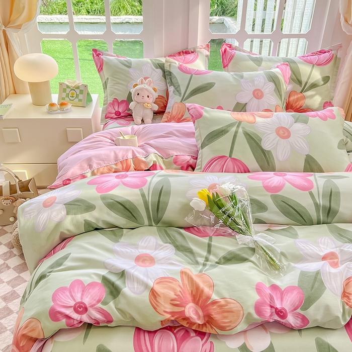 91家纺网 家纺一手货源 找家纺 绵庭家纺 2023新款12868系列全棉小清新印花四件套 荷花映红