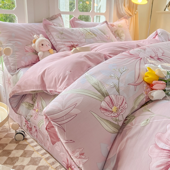 91家纺网 家纺一手货源 找家纺 绵庭家纺 2023新款12868系列全棉小清新印花四件套 玉芙蓉 豆沙