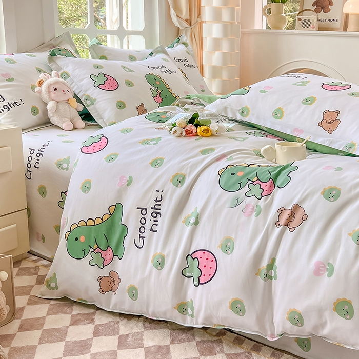 91家纺网 家纺一手货源 找家纺 绵庭家纺 2023新款12868系列全棉小清新印花四件套 恐龙贝贝