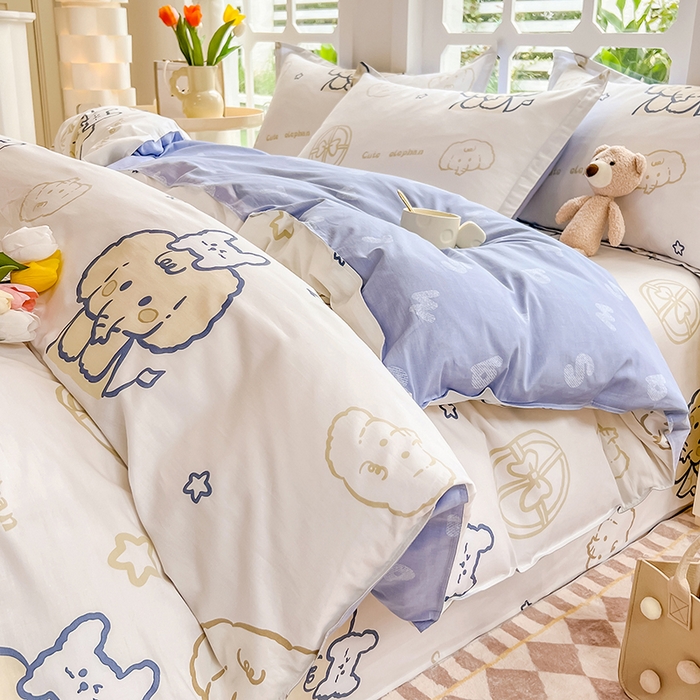 91家纺网 家纺一手货源 找家纺 绵庭家纺 2023新款12868系列全棉小清新印花四件套 可爱小象