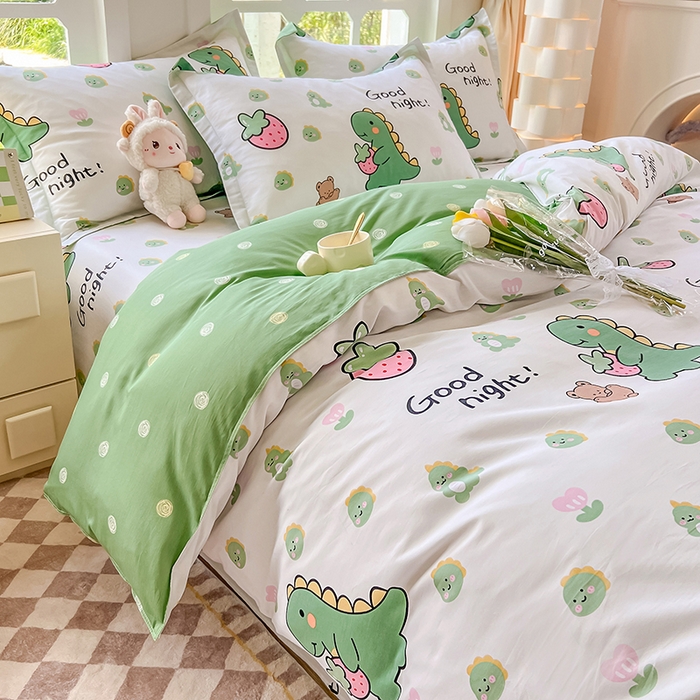 91家纺网 家纺一手货源 找家纺 绵庭家纺 2023新款12868系列全棉小清新印花四件套 恐龙贝贝