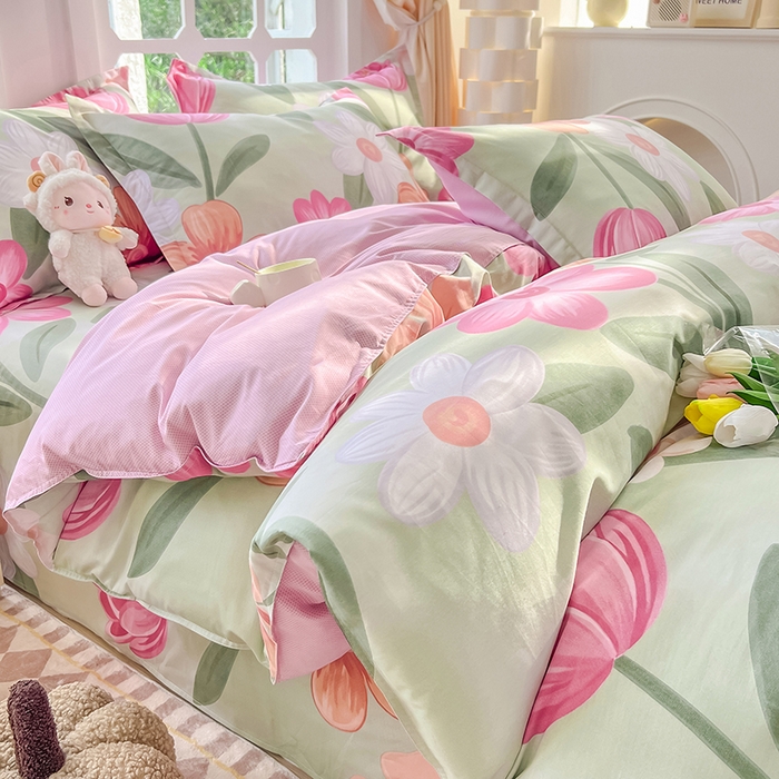 91家纺网 家纺一手货源 找家纺 绵庭家纺 2023新款12868系列全棉小清新印花四件套 荷花映红