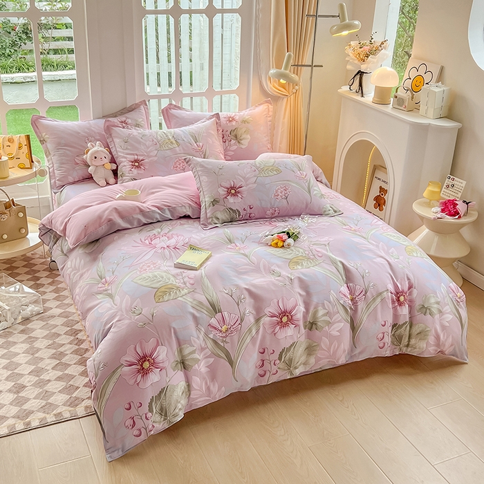 91家纺网 家纺一手货源 找家纺 绵庭家纺 2023新款12868系列全棉小清新印花四件套 玉芙蓉 豆沙