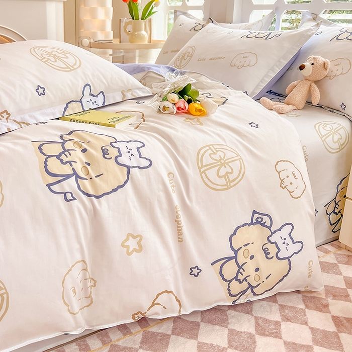 91家纺网 家纺一手货源 找家纺 绵庭家纺 2023新款12868系列全棉小清新印花四件套 可爱小象