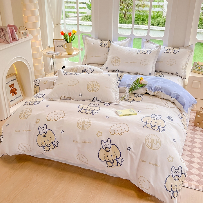 91家纺网 家纺一手货源 找家纺 绵庭家纺 2023新款12868系列全棉小清新印花四件套 可爱小象