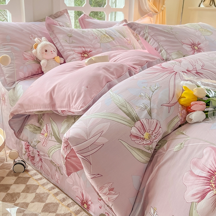 91家纺网 家纺一手货源 找家纺 绵庭家纺 2023新款12868系列全棉小清新印花四件套 玉芙蓉 豆沙