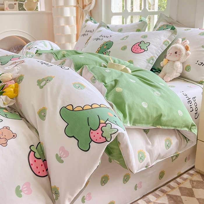 91家纺网 家纺一手货源 找家纺 绵庭家纺 2023新款12868系列全棉小清新印花四件套 恐龙贝贝