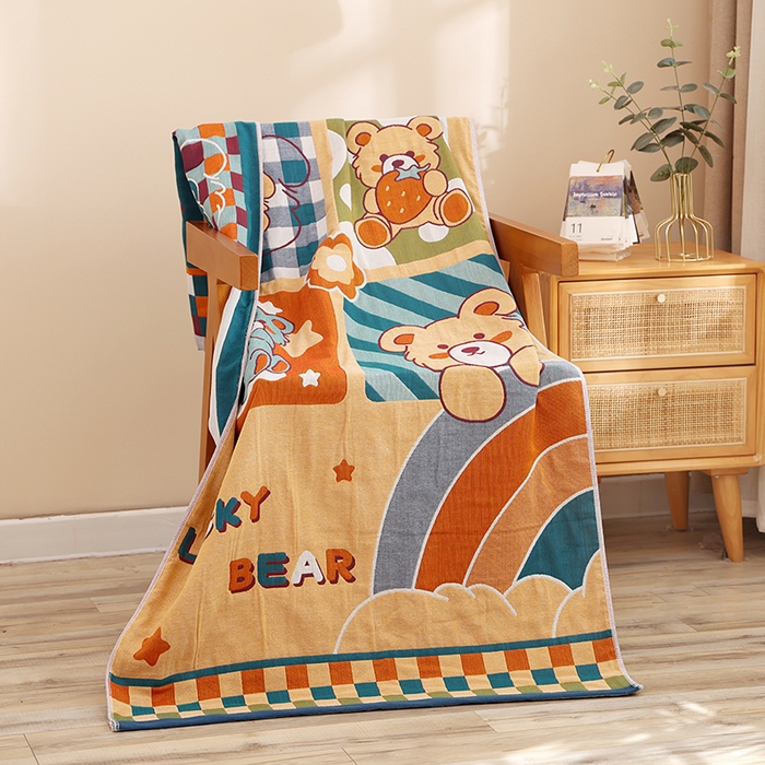 91家纺网 家纺一手货源 找家纺 朴尔家纺-毛巾被 2023新款加大浴巾纯棉四层纱布家用男女柔软不掉毛通用成人全棉洗澡大裹巾儿童卡通 80*160cm幸运熊宝贝