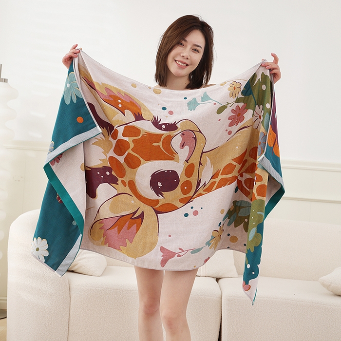 91家纺网 家纺一手货源 找家纺 朴尔家纺-毛巾被 2023新款加大浴巾纯棉四层纱布家用男女柔软不掉毛通用成人全棉洗澡大裹巾儿童卡通 80*160cm花间福鹿