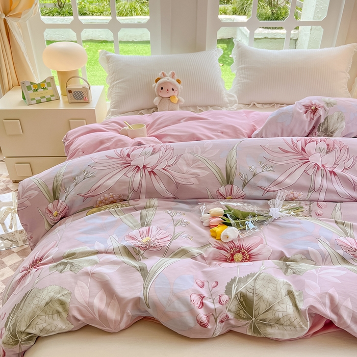 91家纺网 家纺一手货源 找家纺 绵庭家纺 2023新款12868系列全棉小清新印花单被套 玉芙蓉 豆沙