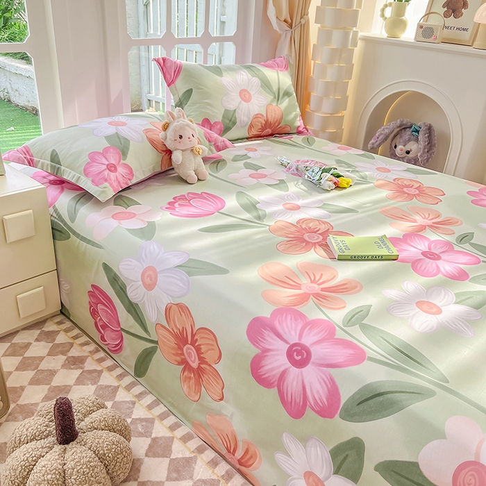 91家纺网 家纺一手货源 找家纺 绵庭家纺 2023新款12868系列全棉小清新印花单床单 荷花映红