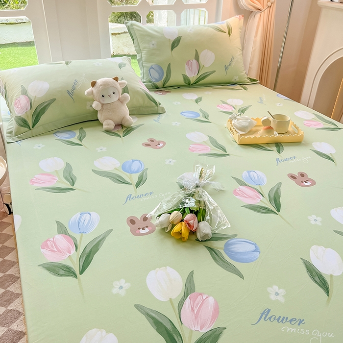 91家纺网 家纺一手货源 找家纺 绵庭家纺 2023新款12868系列全棉小清新印花单床笠 丁香兔