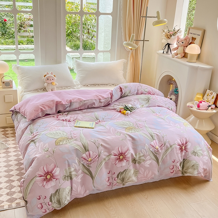 91家纺网 家纺一手货源 找家纺 绵庭家纺 2023新款12868系列全棉小清新印花单被套 玉芙蓉 豆沙