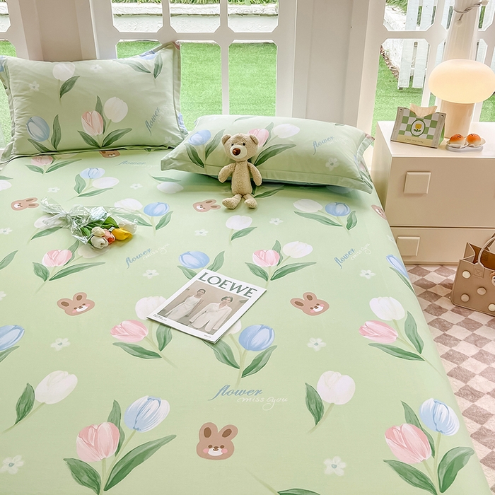 91家纺网 家纺一手货源 找家纺 绵庭家纺 2023新款12868系列全棉小清新印花单床单 丁香兔