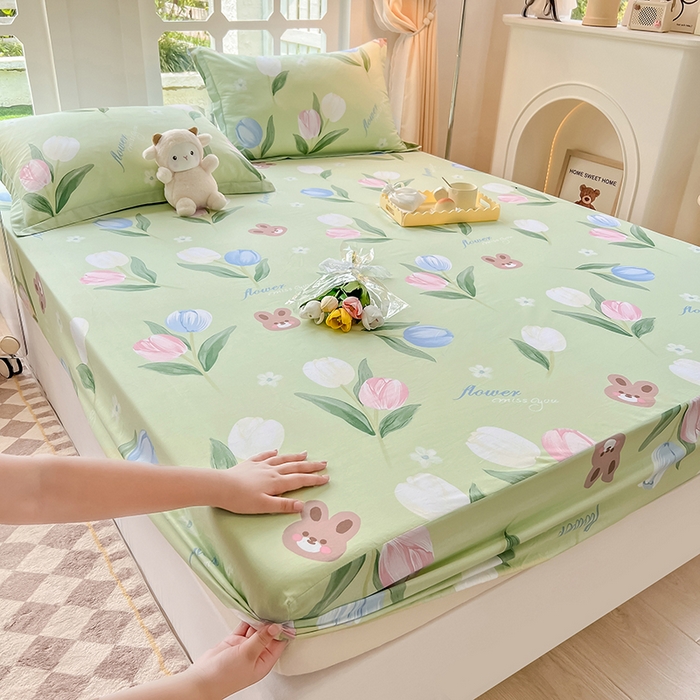 91家纺网 家纺一手货源 找家纺 绵庭家纺 2023新款12868系列全棉小清新印花单床笠 丁香兔