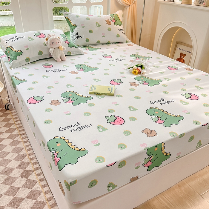 91家纺网 家纺一手货源 找家纺 绵庭家纺 2023新款12868系列全棉小清新印花单床笠 恐龙贝贝