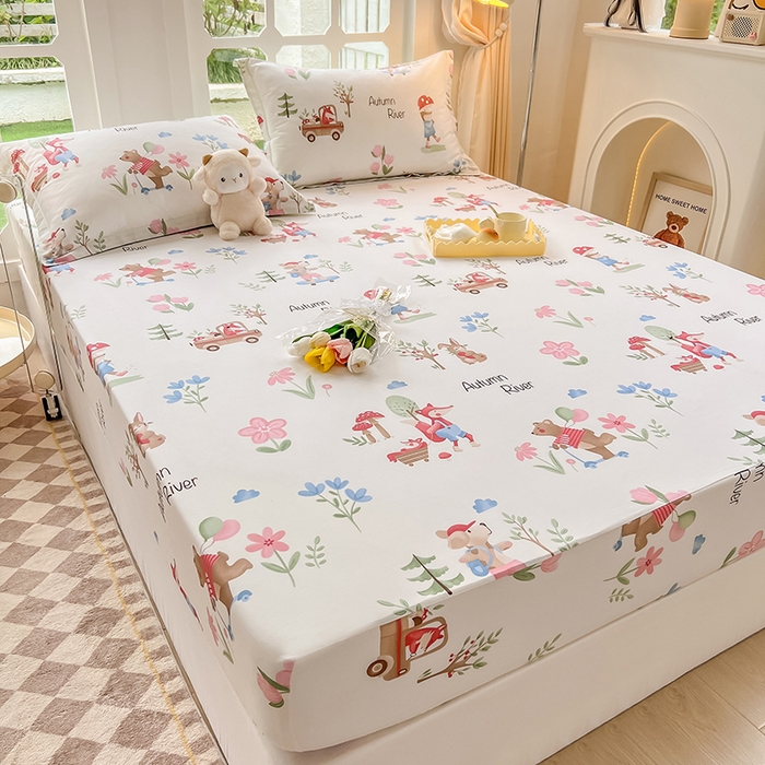 91家纺网 家纺一手货源 找家纺 绵庭家纺 2023新款12868系列全棉小清新印花单床笠 森林狂欢