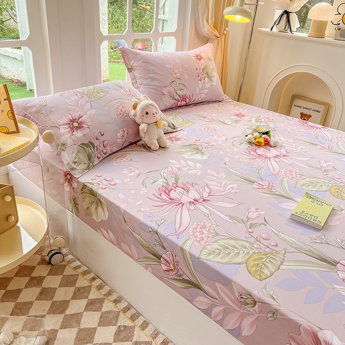 91家纺网 家纺一手货源 找家纺 绵庭家纺 2023新款12868系列全棉小清新印花单床笠 玉芙蓉 豆沙