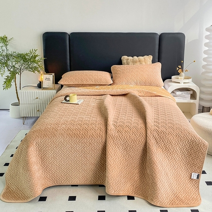 恋绒家纺 2025新款高克重240克宝宝绒床盖一面绒一面棉床罩 卡其驼