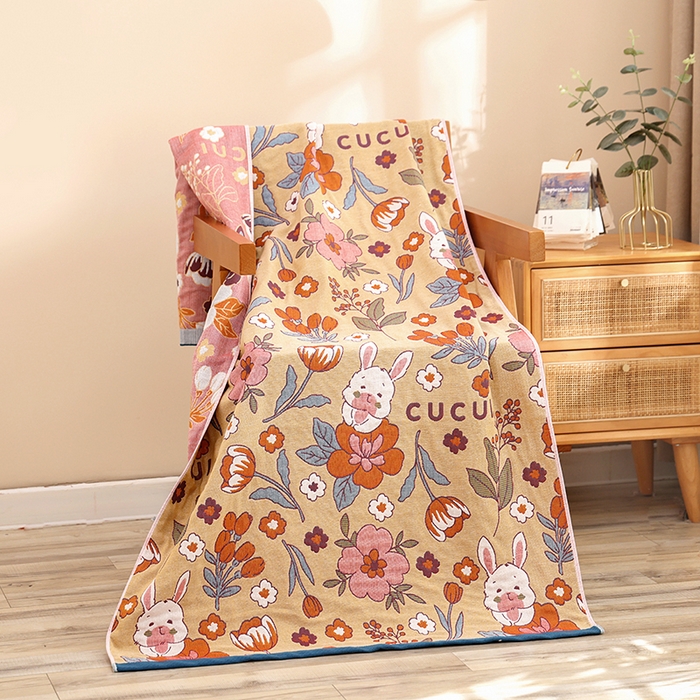 91家纺网 家纺一手货源 找家纺 朴尔家纺-毛巾被 2023新款加大浴巾纯棉四层纱布家用男女柔软不掉毛通用成人全棉洗澡大裹巾儿童卡通 80*160cm花朵兔