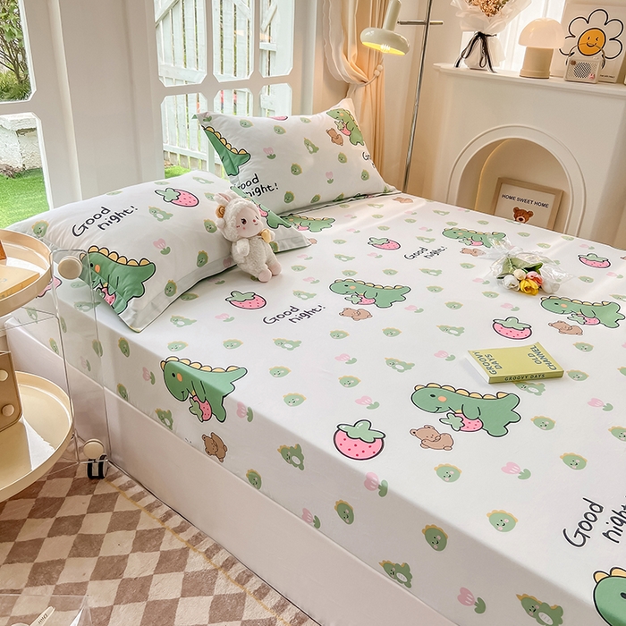 91家纺网 家纺一手货源 找家纺 绵庭家纺 2023新款12868系列全棉小清新印花单床笠 恐龙贝贝