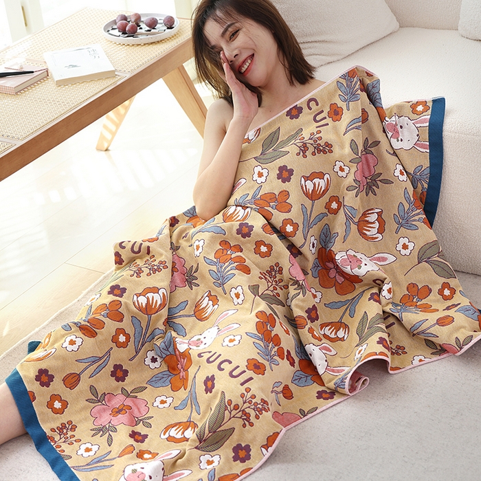 91家纺网 家纺一手货源 找家纺 朴尔家纺-毛巾被 2023新款加大浴巾纯棉四层纱布家用男女柔软不掉毛通用成人全棉洗澡大裹巾儿童卡通 80*160cm花朵兔