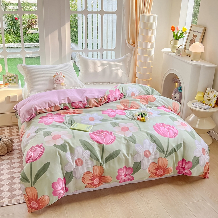 91家纺网 家纺一手货源 找家纺 绵庭家纺 2023新款12868系列全棉小清新印花单被套 荷花映红