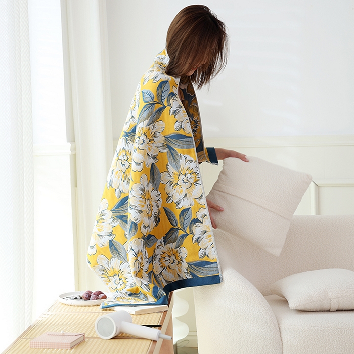 91家纺网 家纺一手货源 找家纺 朴尔家纺-毛巾被 2023新款加大浴巾纯棉四层纱布家用男女柔软不掉毛通用成人全棉洗澡大裹巾儿童卡通 80*160cm玉兰花开