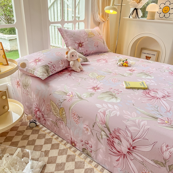 91家纺网 家纺一手货源 找家纺 绵庭家纺 2023新款12868系列全棉小清新印花单床单 玉芙蓉 豆沙