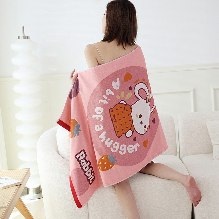 91家纺网 家纺一手货源 找家纺 朴尔家纺-毛巾被 2023新款加大浴巾纯棉四层纱布家用男女柔软不掉毛通用成人全棉洗澡大裹巾儿童卡通 80*160cm草莓兔