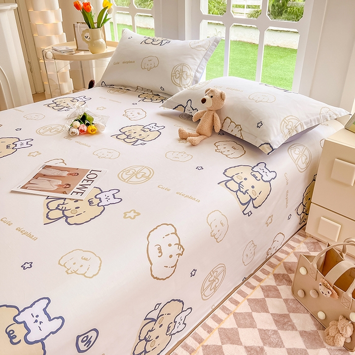 91家纺网 家纺一手货源 找家纺 绵庭家纺 2023新款12868系列全棉小清新印花单床单 可爱小象