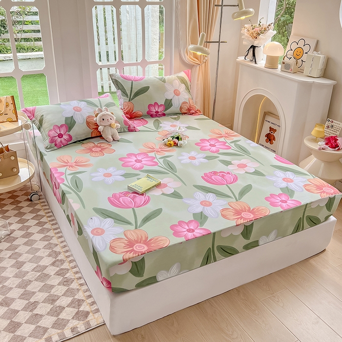 91家纺网 家纺一手货源 找家纺 绵庭家纺 2023新款12868系列全棉小清新印花单床笠 荷花映红