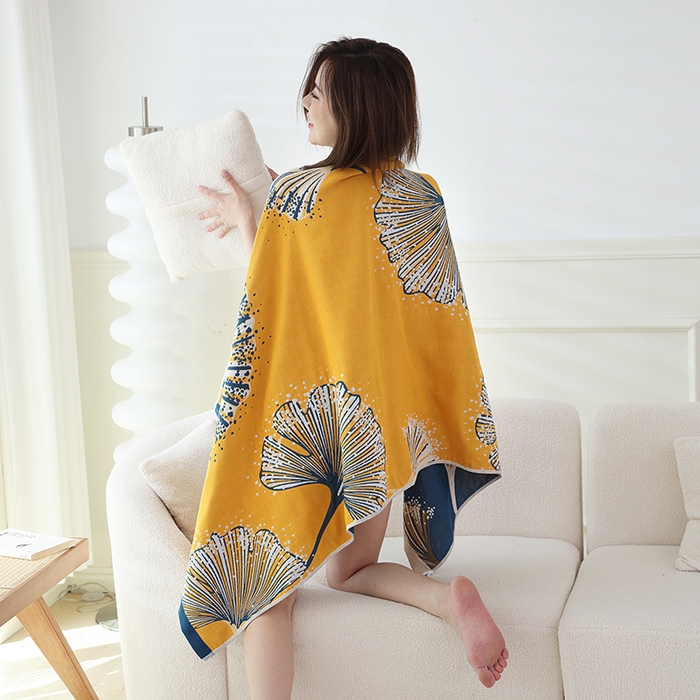 91家纺网 家纺一手货源 找家纺 朴尔家纺-毛巾被 2023新款加大浴巾纯棉四层纱布家用男女柔软不掉毛通用成人全棉洗澡大裹巾儿童卡通 80*160cm银杏花火