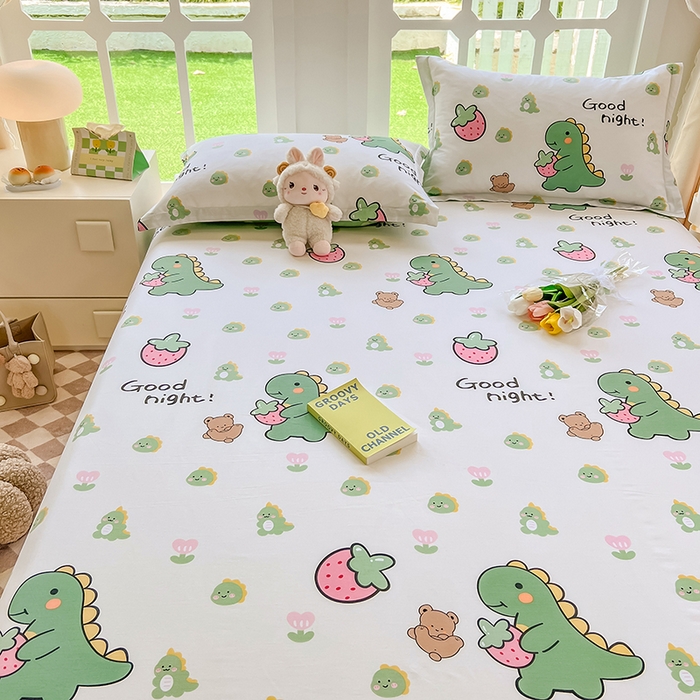 91家纺网 家纺一手货源 找家纺 绵庭家纺 2023新款12868系列全棉小清新印花单床单 恐龙贝贝