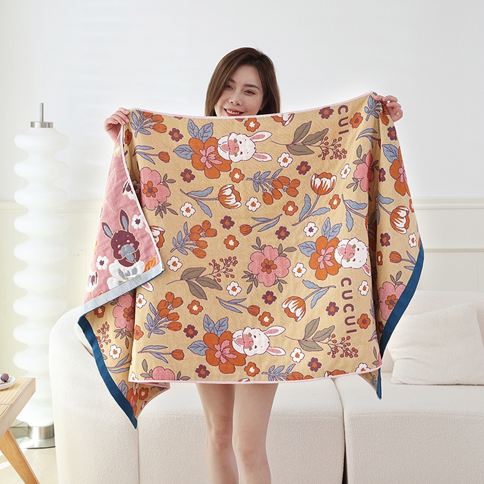 91家纺网 家纺一手货源 找家纺 朴尔家纺-毛巾被 2023新款加大浴巾纯棉四层纱布家用男女柔软不掉毛通用成人全棉洗澡大裹巾儿童卡通 80*160cm花朵兔