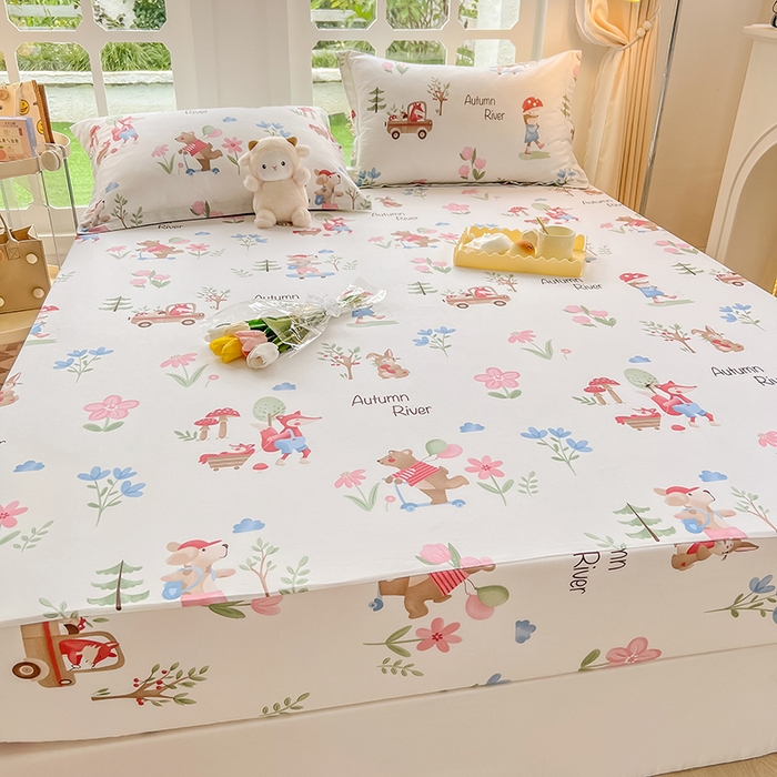 91家纺网 家纺一手货源 找家纺 绵庭家纺 2023新款12868系列全棉小清新印花单床笠 森林狂欢