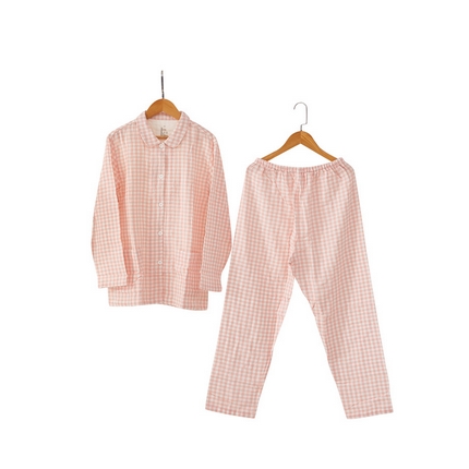 91家纺网 家纺一手货源 找家纺 玖弘家居 2023新款糖果色全棉双层纱长袖家居服【控价 抖音69.9  视频号  69.9   小红书  89】 女款糖果粉