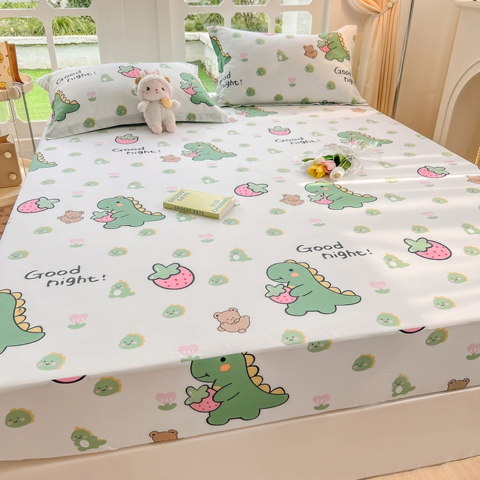 91家纺网 家纺一手货源 找家纺 绵庭家纺 2023新款12868系列全棉小清新印花单床笠 恐龙贝贝