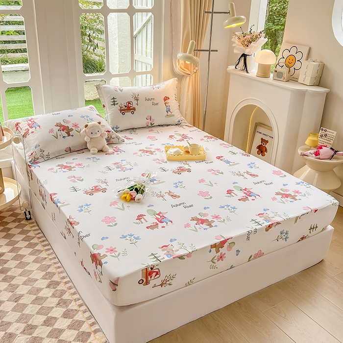 91家纺网 家纺一手货源 找家纺 绵庭家纺 2023新款12868系列全棉小清新印花单床笠 森林狂欢