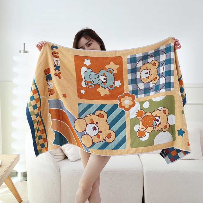 91家纺网 家纺一手货源 找家纺 朴尔家纺-毛巾被 2023新款加大浴巾纯棉四层纱布家用男女柔软不掉毛通用成人全棉洗澡大裹巾儿童卡通 80*160cm幸运熊宝贝