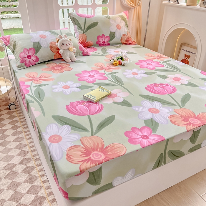 91家纺网 家纺一手货源 找家纺 绵庭家纺 2023新款12868系列全棉小清新印花单床笠 荷花映红