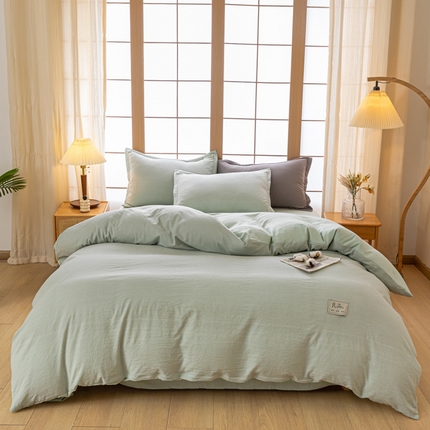 91家纺网 家纺一手货源 找家纺 花满路 2023新款色织水洗棉麻无印风四件套 浅绿条